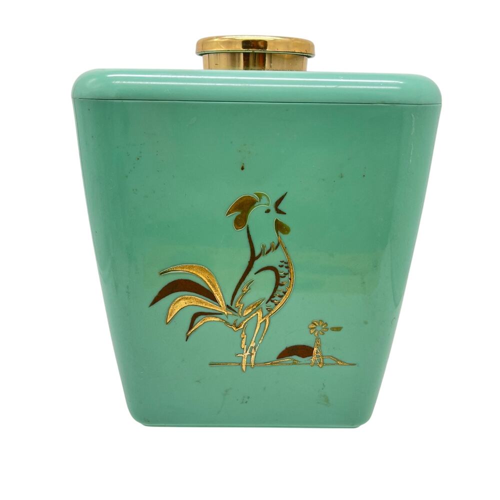 Vintage MCM Turquoise Aqua Plastic Kitchen Canister Gold Rooster Lid Retro